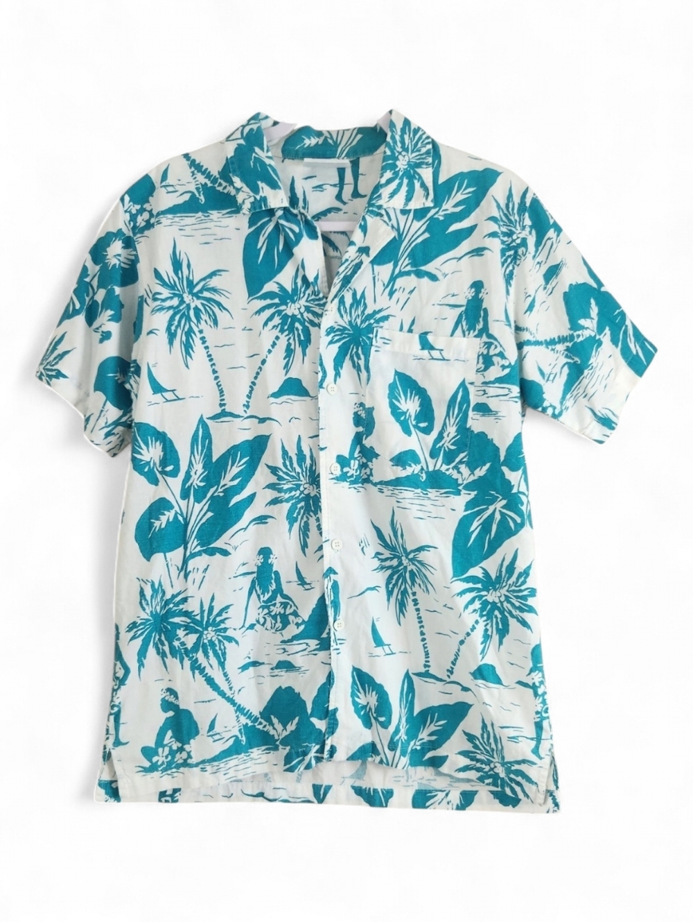 Vintage Sears Mens Store Hawaiian Shirt Medium White Turqouise Islanders Casual